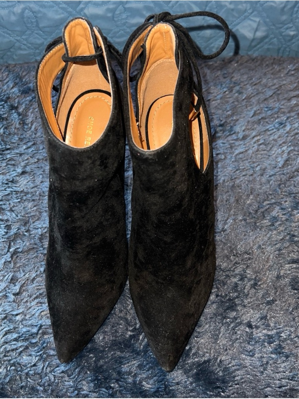 Shoe Republic LA Black Suede Pointed Toe Lace-Back Heels
